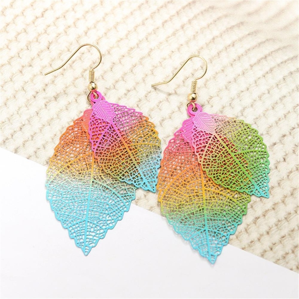 Festival Boho Rainbow Leaf Dangle Earrings - Picture 2 of 5